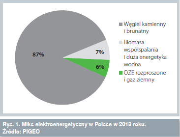 Miks elektroenergetyczny w Polsce w 2013 roku. Źródło: PIGEO